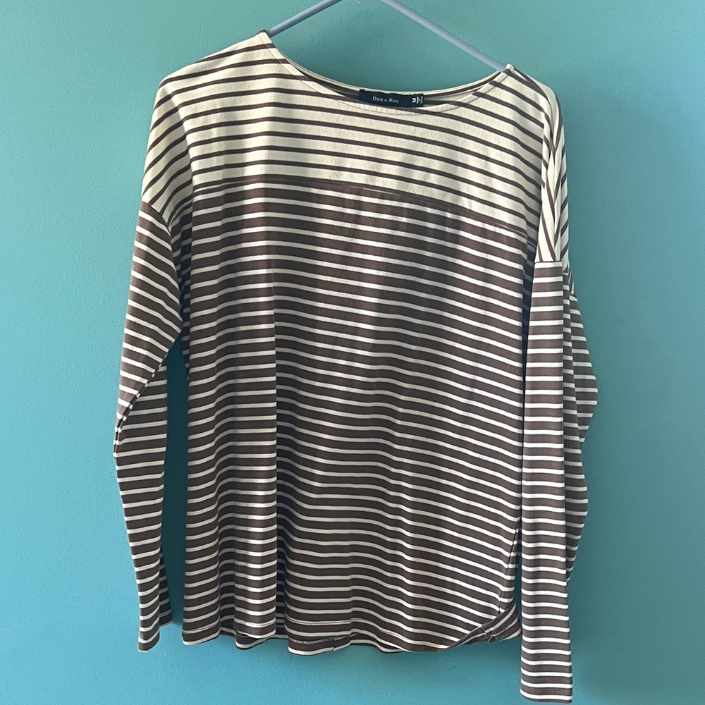 Doe & Rae Brown and Cream Striped Long-Sleeve Scoop Neck Top